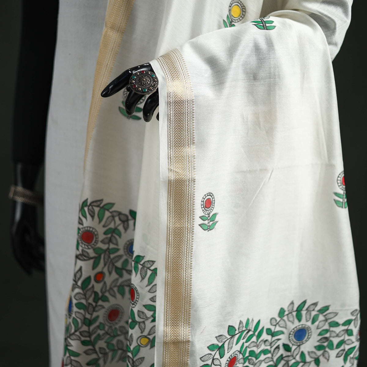 Handloom Chanderi Silk Handpainted Madhubani Dupatta with Zari Border 49