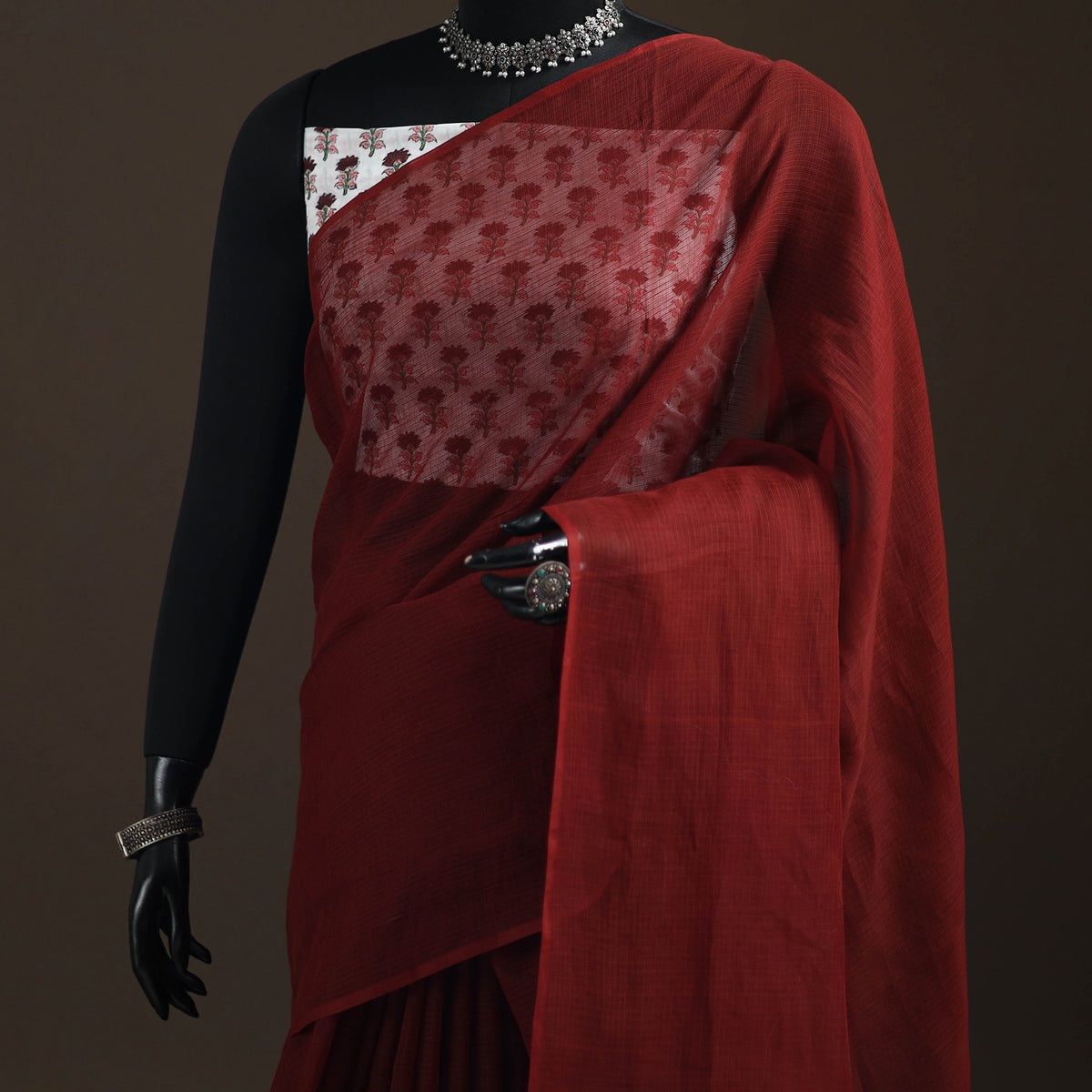 Maroon - Nazaakat Kota Doria Cotton Plain Saree with Blouse Piece & Earrings 20