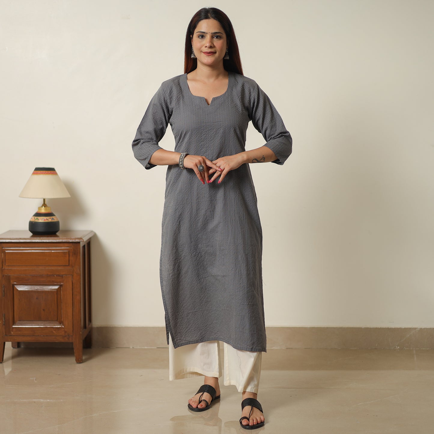 Dark Grey - Running Stitch Cotton Long Straight Kurta 14