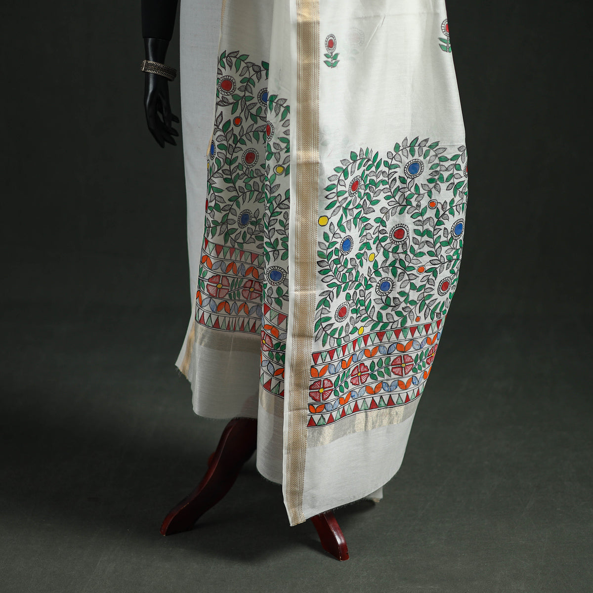 Handloom Chanderi Silk Handpainted Madhubani Dupatta with Zari Border 49