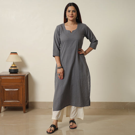 Dark Grey - Running Stitch Cotton Long Straight Kurta 14