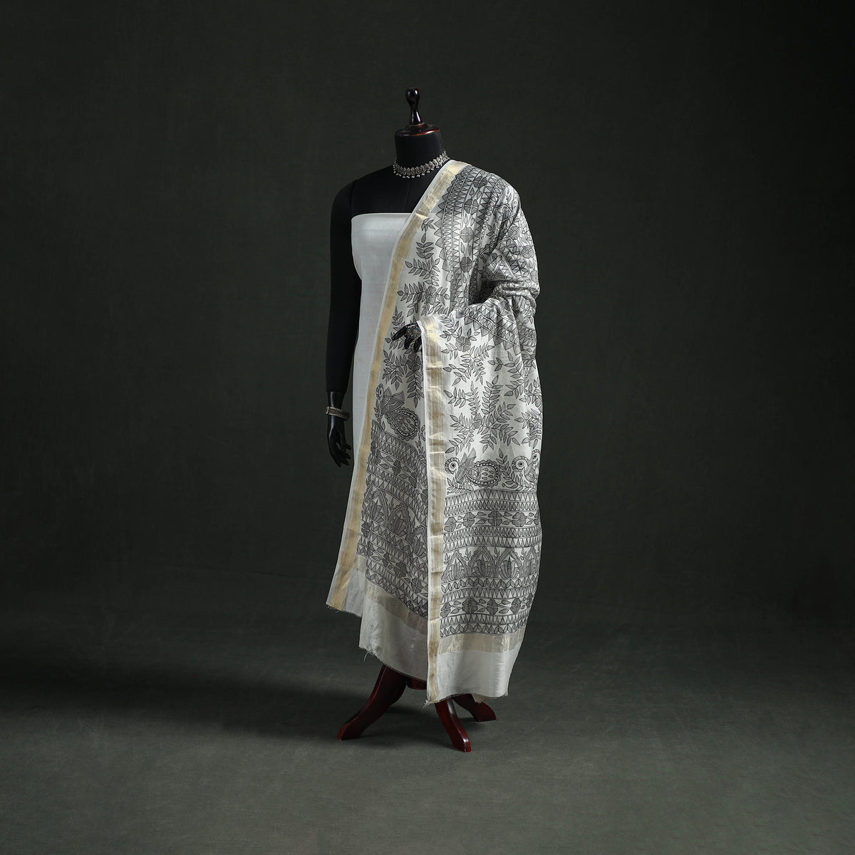 Handloom Chanderi Silk Handpainted Madhubani Dupatta with Zari Border 50