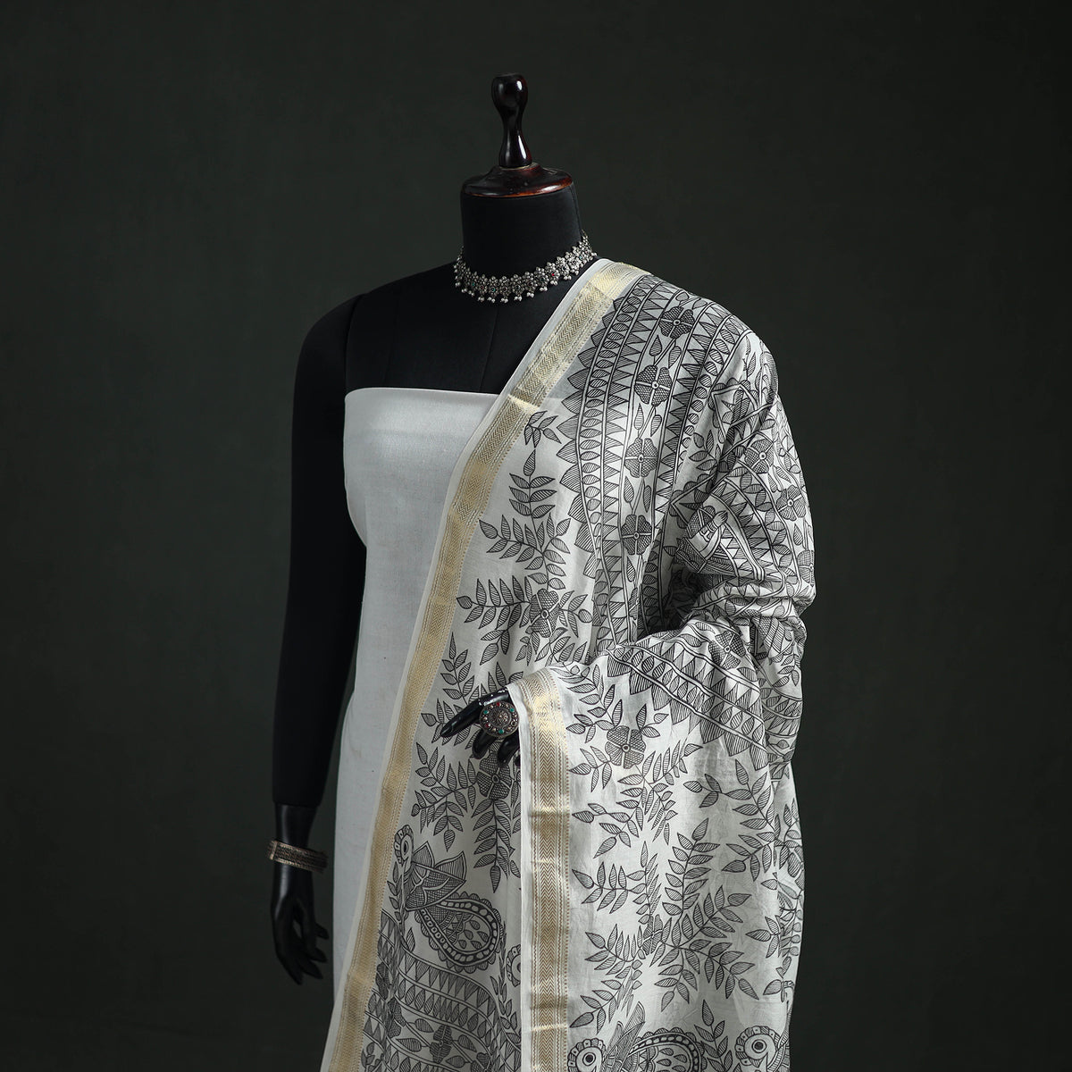 Handloom Chanderi Silk Handpainted Madhubani Dupatta with Zari Border 50