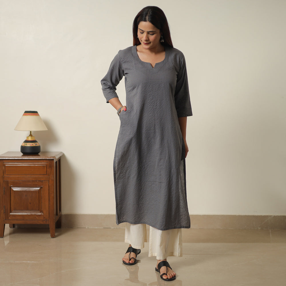 Dark Grey - Running Stitch Cotton Long Straight Kurta 14