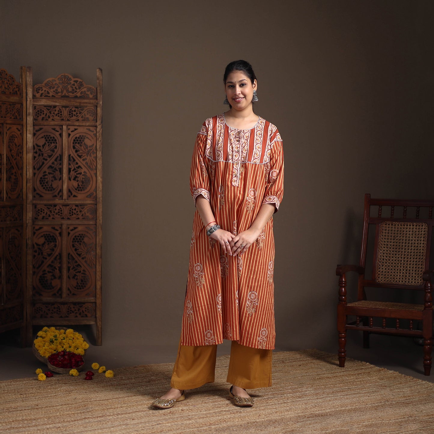 Gota Work Floral Sanganeri Block Print Cotton Straight Long Kurta for Women 02