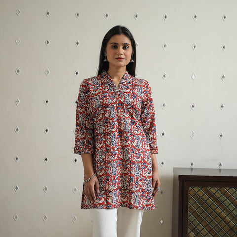 Red - Hand Block Printed Cotton Short Bagru Kurta 11