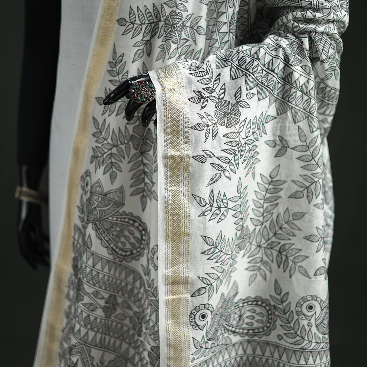 Handloom Chanderi Silk Handpainted Madhubani Dupatta with Zari Border 50