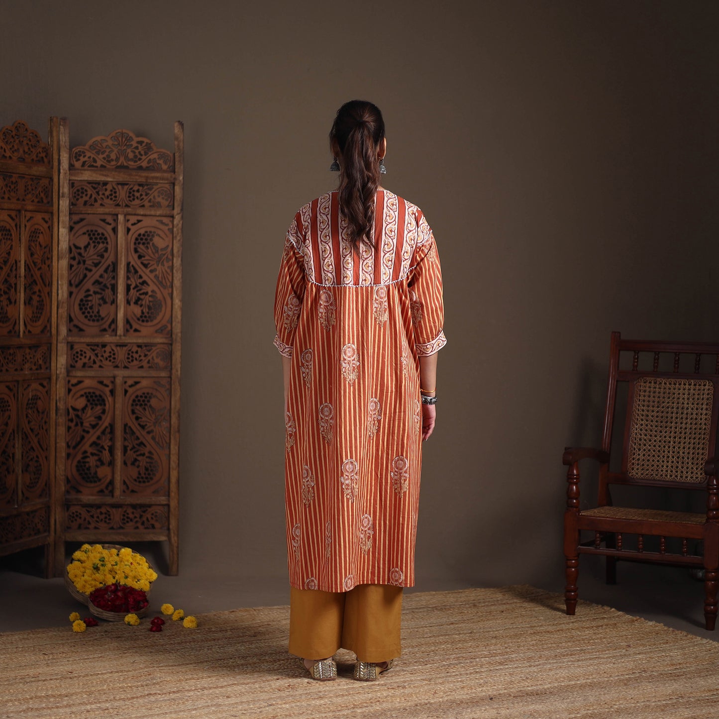 Gota Work Floral Sanganeri Block Print Cotton Straight Long Kurta for Women 02