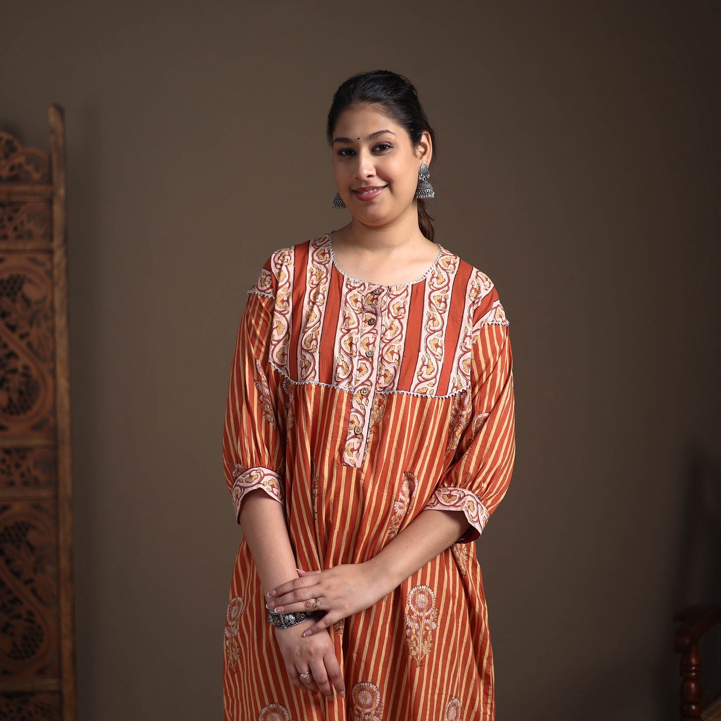 Gota Work Floral Sanganeri Block Print Cotton Straight Long Kurta for Women 02