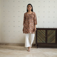 Orange - Hand Block Printed Cotton Short Pintuck Bagru Kurta 14