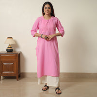 Light Pink - Running Stitch Cotton Long Straight Kurta 16