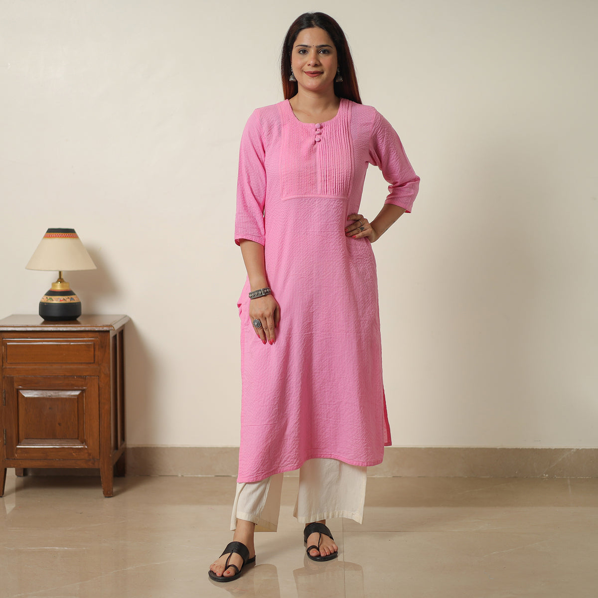 Light Pink - Running Stitch Cotton Long Straight Kurta 16