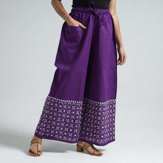 Purple - Bengal Kantha Embroidery Cotton Palazzo 76