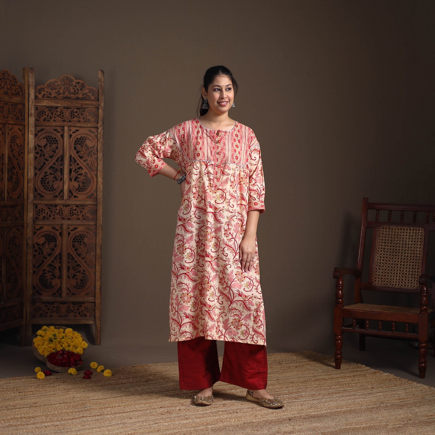 Gota Work Floral Sanganeri Block Print Cotton Straight Long Kurta for Women 01
