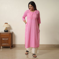 Light Pink - Running Stitch Cotton Long Straight Kurta 16