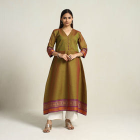 Thread Border Cotton A-Line Green Kanchipuram Kurta for Women