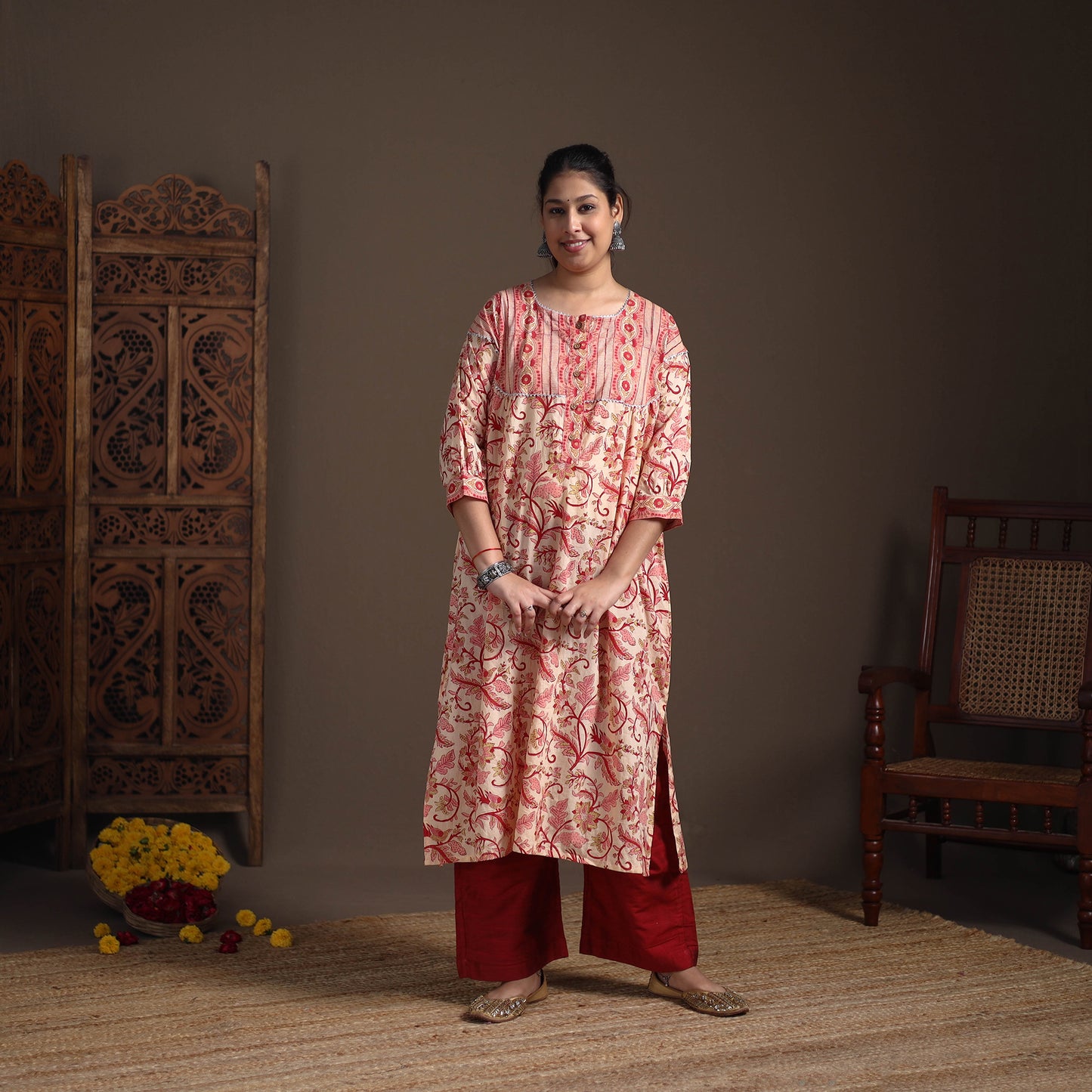 Gota Work Floral Sanganeri Block Print Cotton Straight Long Kurta for Women 01