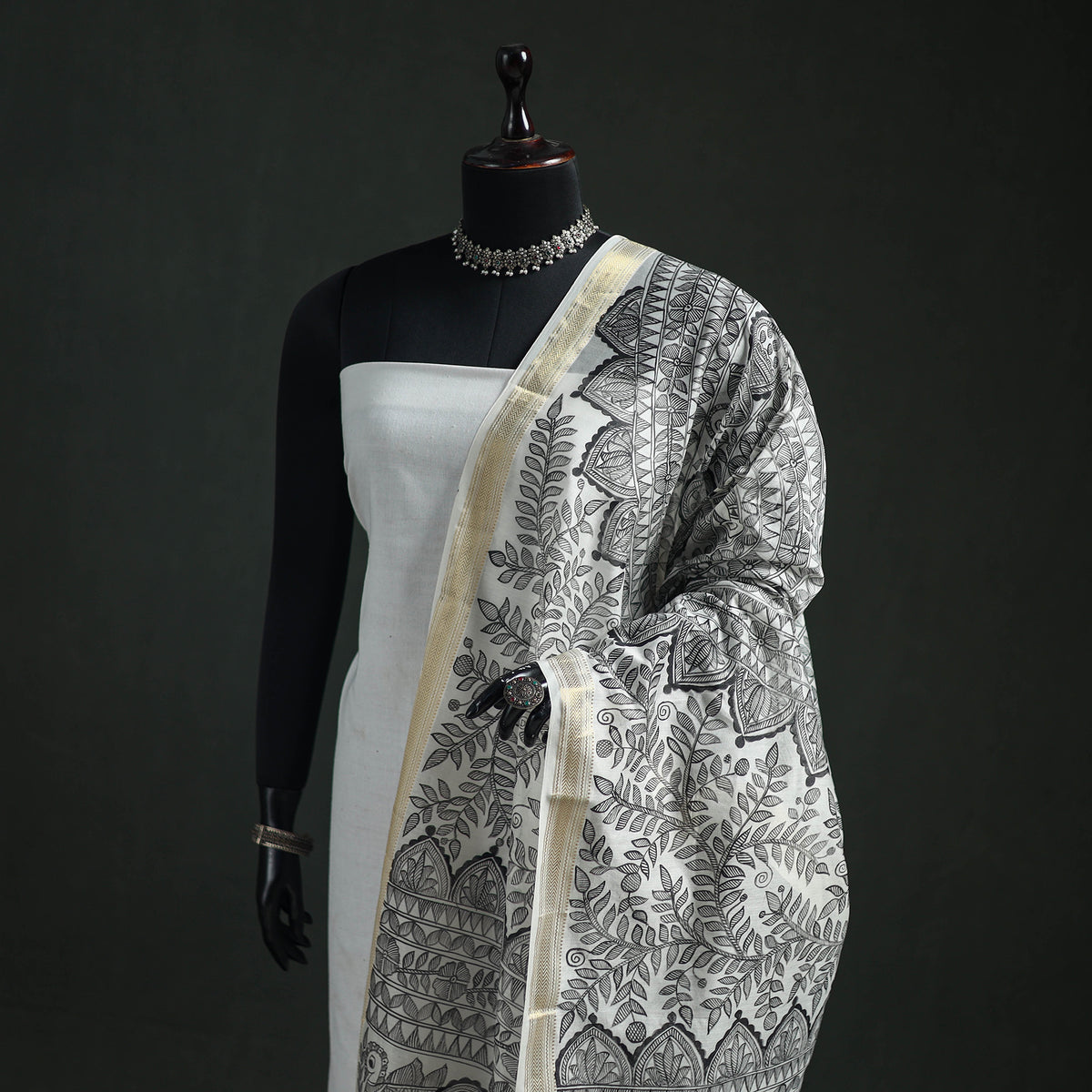 Handloom Chanderi Silk Handpainted Madhubani Dupatta with Zari Border 52