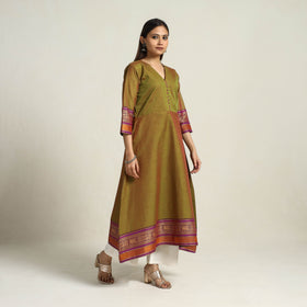 Thread Border Cotton A-Line Green Kanchipuram Kurta for Women