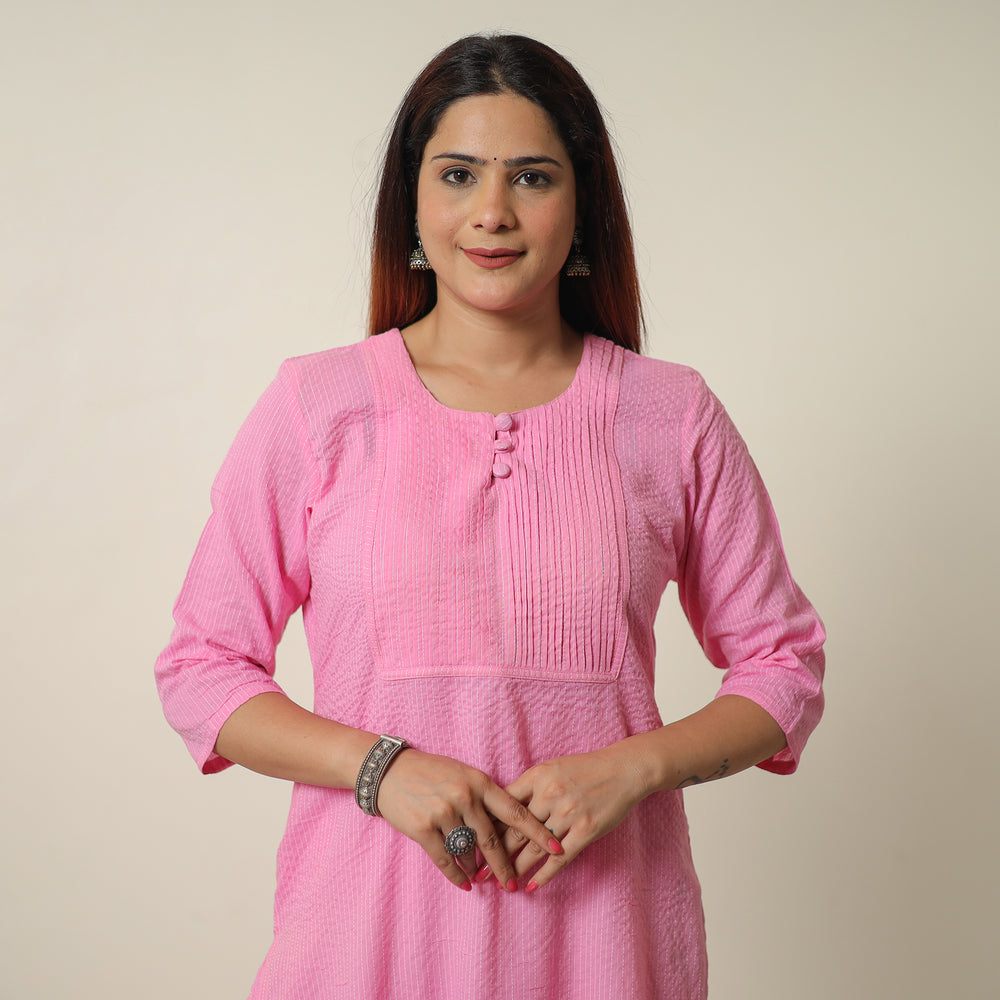 Light Pink - Running Stitch Cotton Long Straight Kurta 16