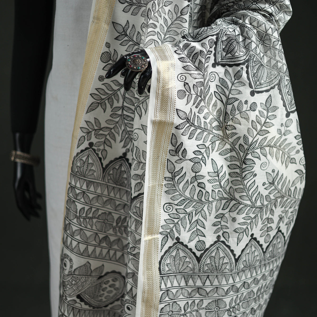 Handloom Chanderi Silk Handpainted Madhubani Dupatta with Zari Border 52