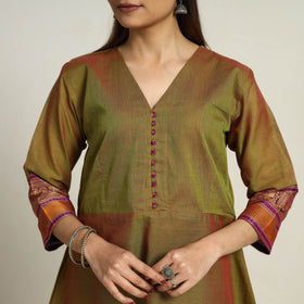 Thread Border Cotton A-Line Green Kanchipuram Kurta for Women