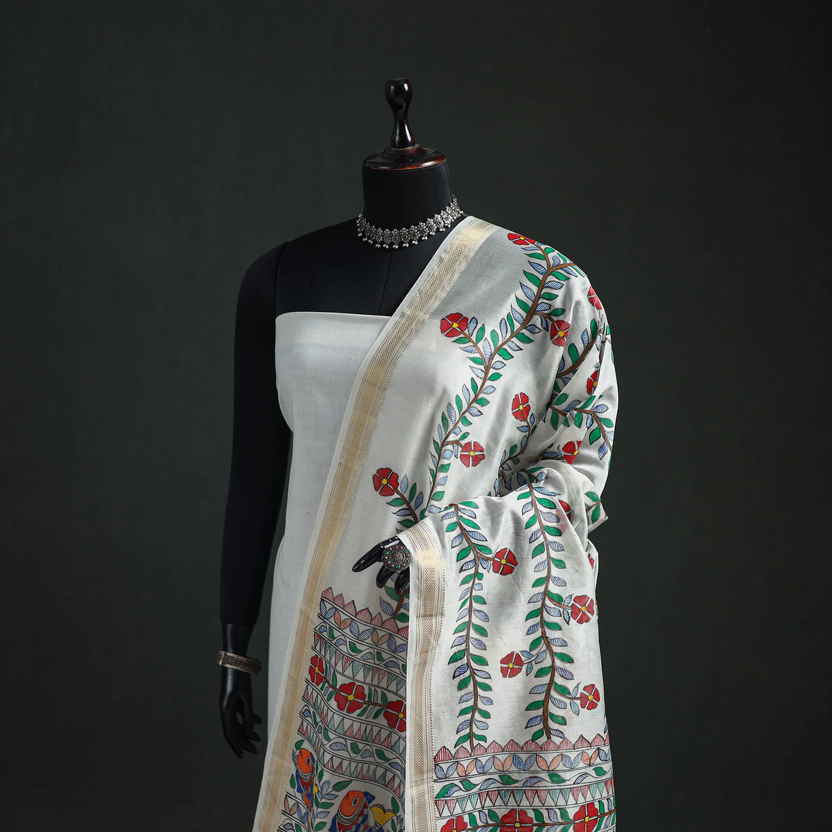 Handloom Chanderi Silk Handpainted Madhubani Dupatta with Zari Border 53