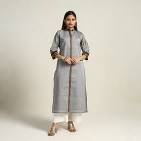 Thread Border Cotton Straight Grey Kanchipuram Kurta for Women