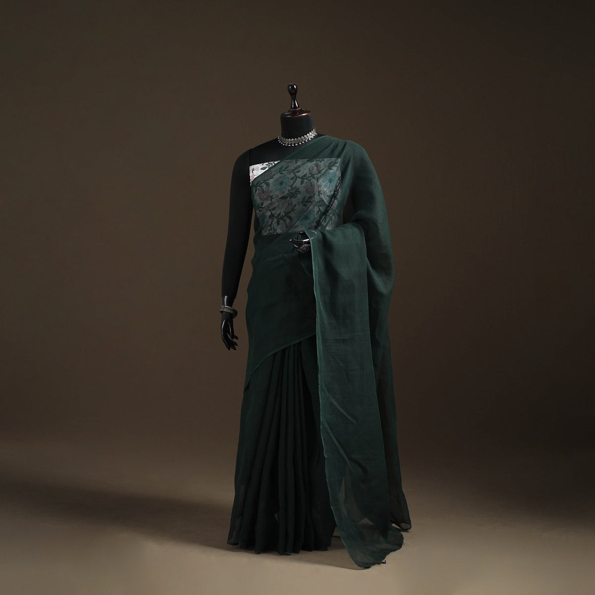 Green - Nazaakat Kota Doria Cotton Plain Saree with Blouse Piece & Earrings 21