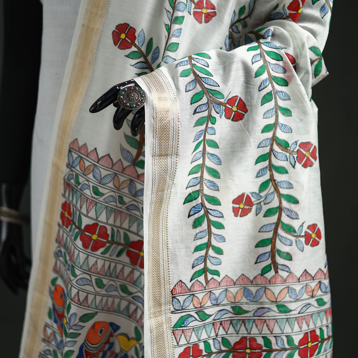 Handloom Chanderi Silk Handpainted Madhubani Dupatta with Zari Border 53
