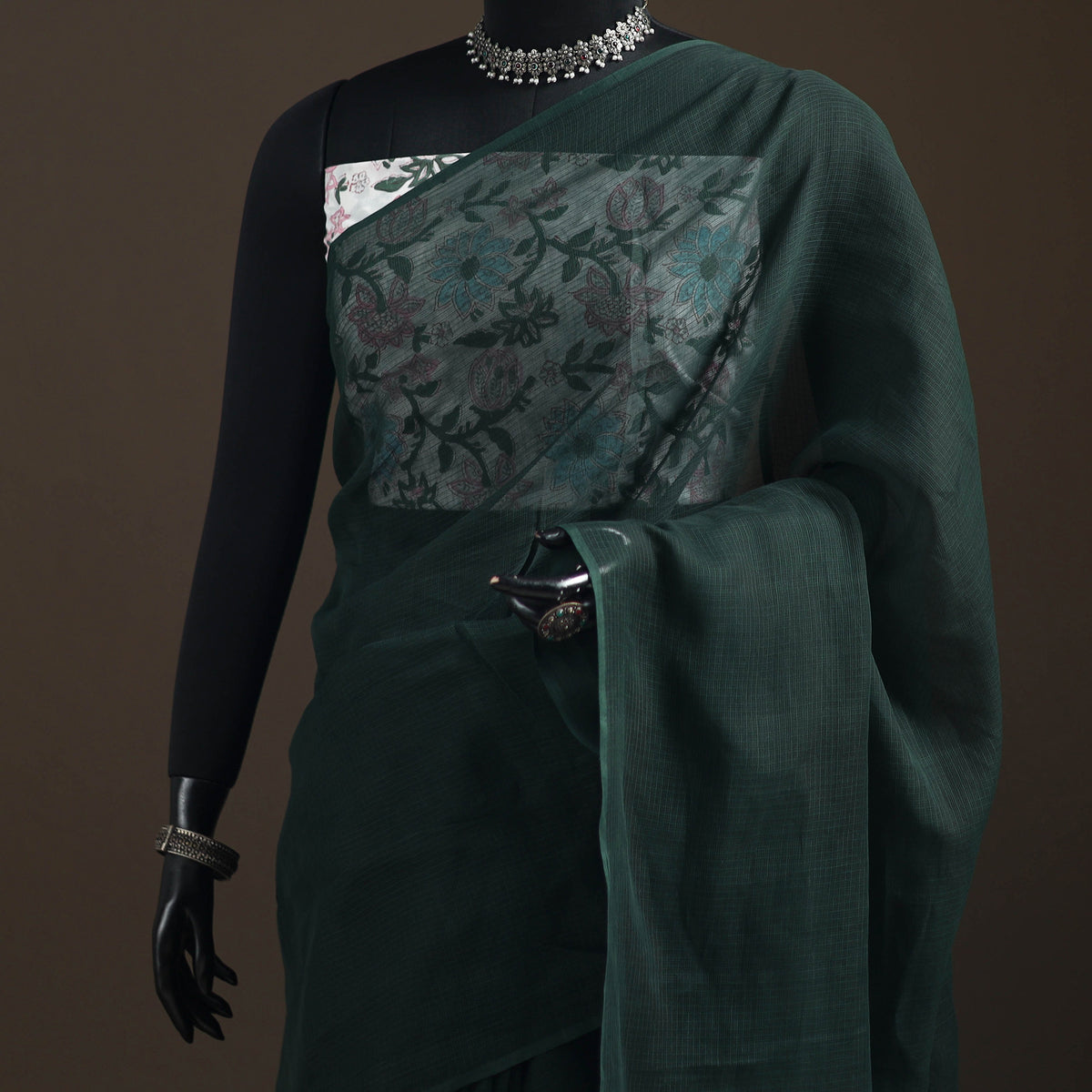 Green - Nazaakat Kota Doria Cotton Plain Saree with Blouse Piece & Earrings 21