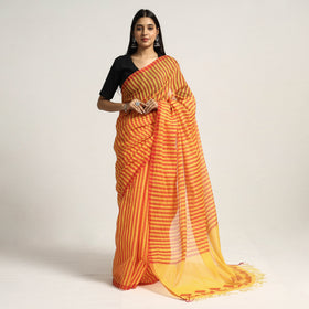  Yellow Base Silk Cotton Saree with Red Buti on Pallu & Red Stripes on Body Online l iTokri.com 