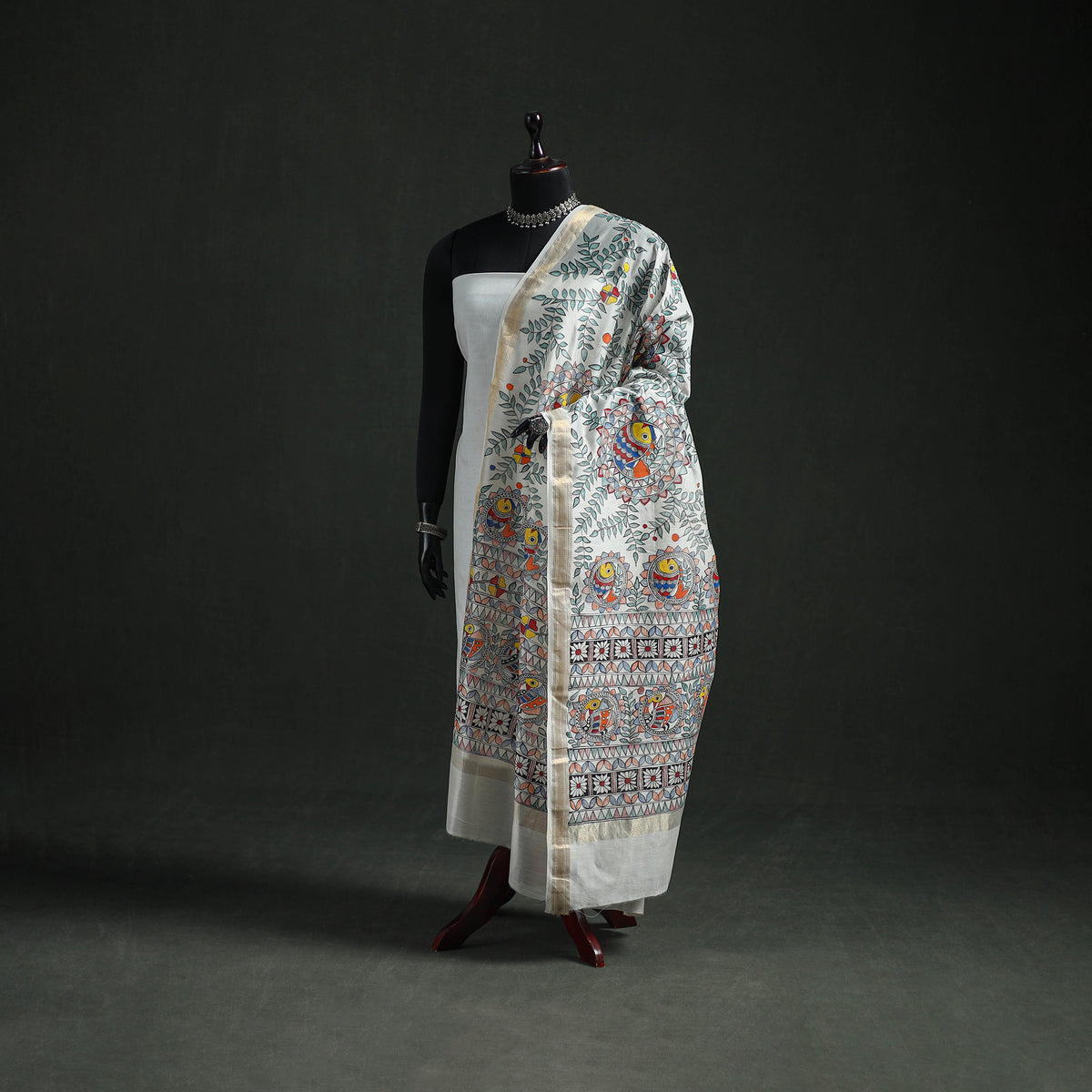 Handloom Chanderi Silk Handpainted Madhubani Dupatta with Zari Border 54