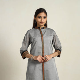 Thread Border Cotton Straight Grey Kanchipuram Kurta for Women