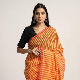 Yellow Base Silk Cotton Saree with Red Buti on Pallu & Red Stripes on Body Online l iTokri.com 