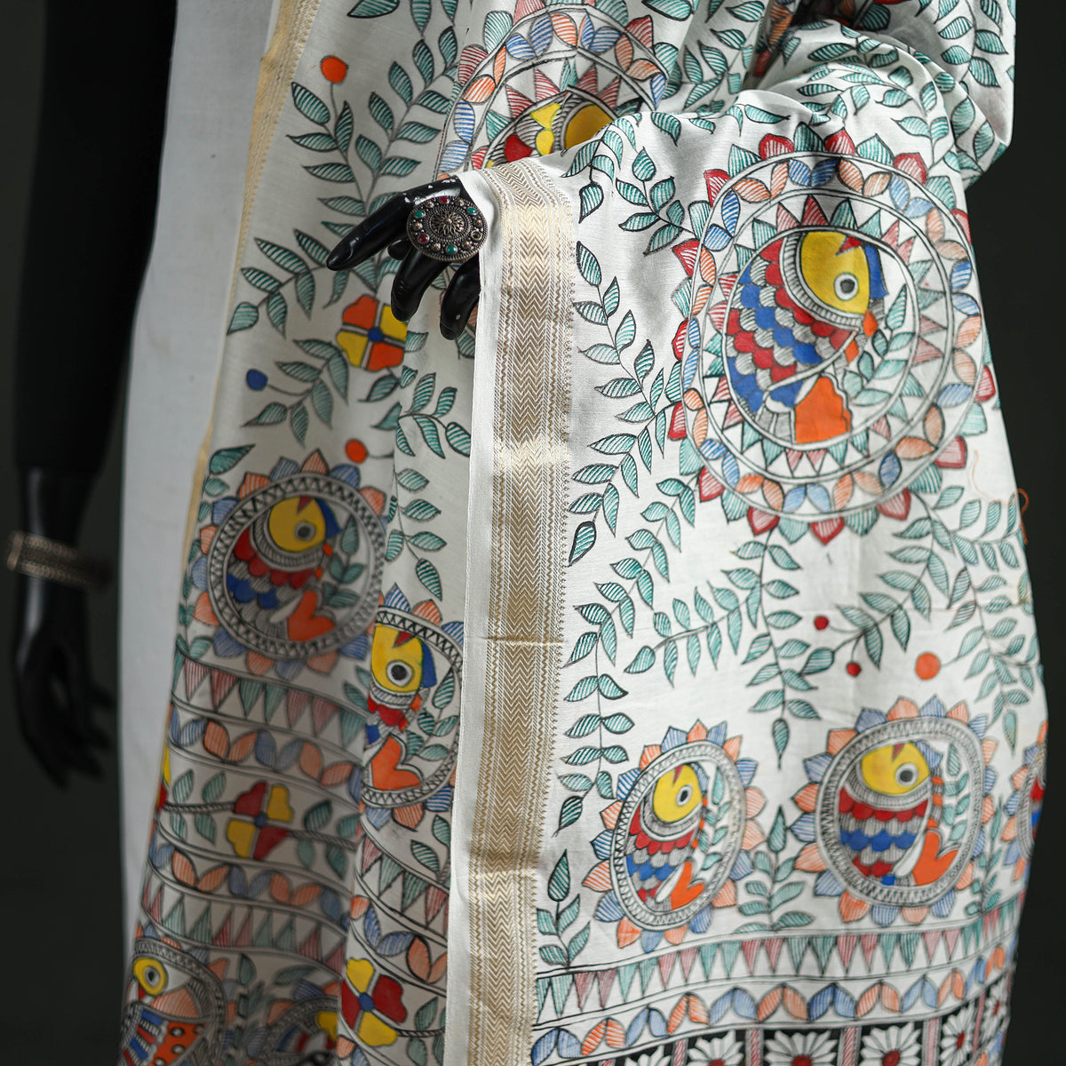 Handloom Chanderi Silk Handpainted Madhubani Dupatta with Zari Border 54