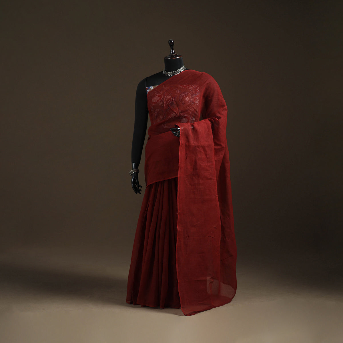Maroon - Nazaakat Kota Doria Cotton Plain Saree with Blouse Piece & Earrings 22