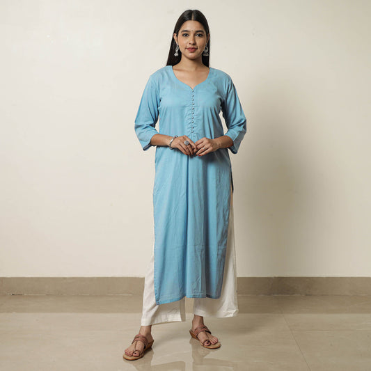 Light Blue - Plain Cotton Long Straight Kurta 05