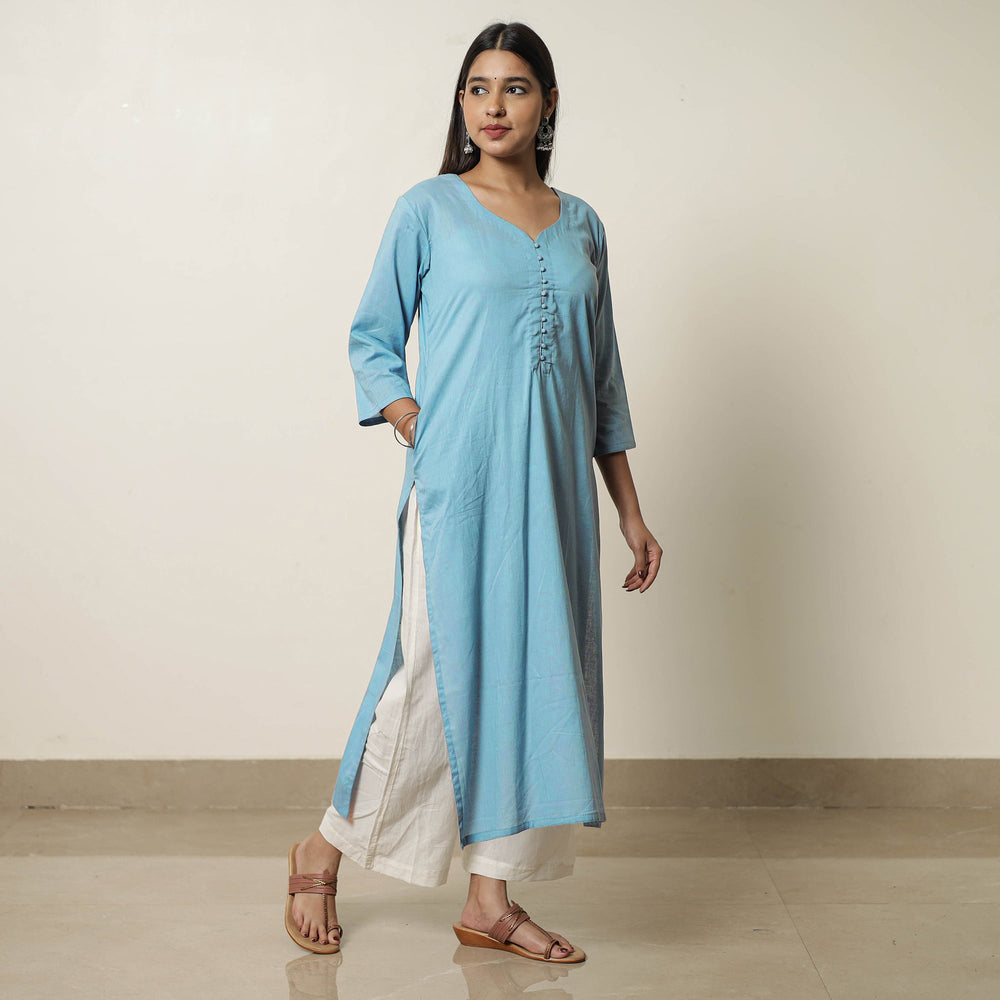 Light Blue - Plain Cotton Long Straight Kurta 05