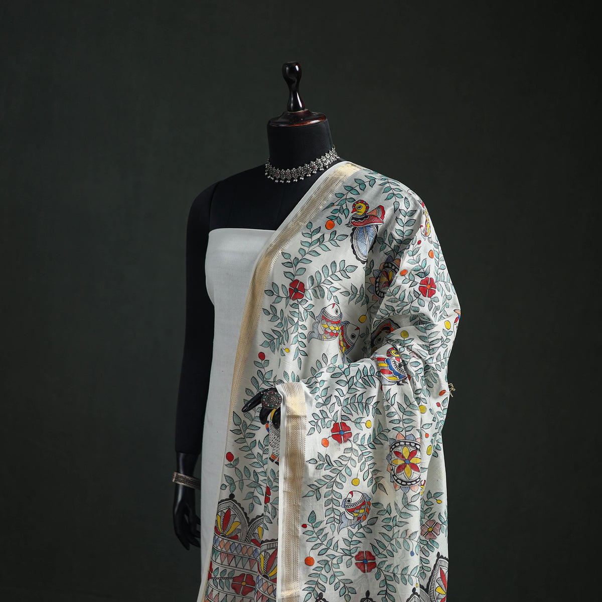 Handloom Chanderi Silk Handpainted Madhubani Dupatta with Zari Border 55