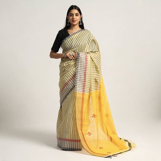 Yellow Saree with Tussar Silk Stripes & Red Motifs