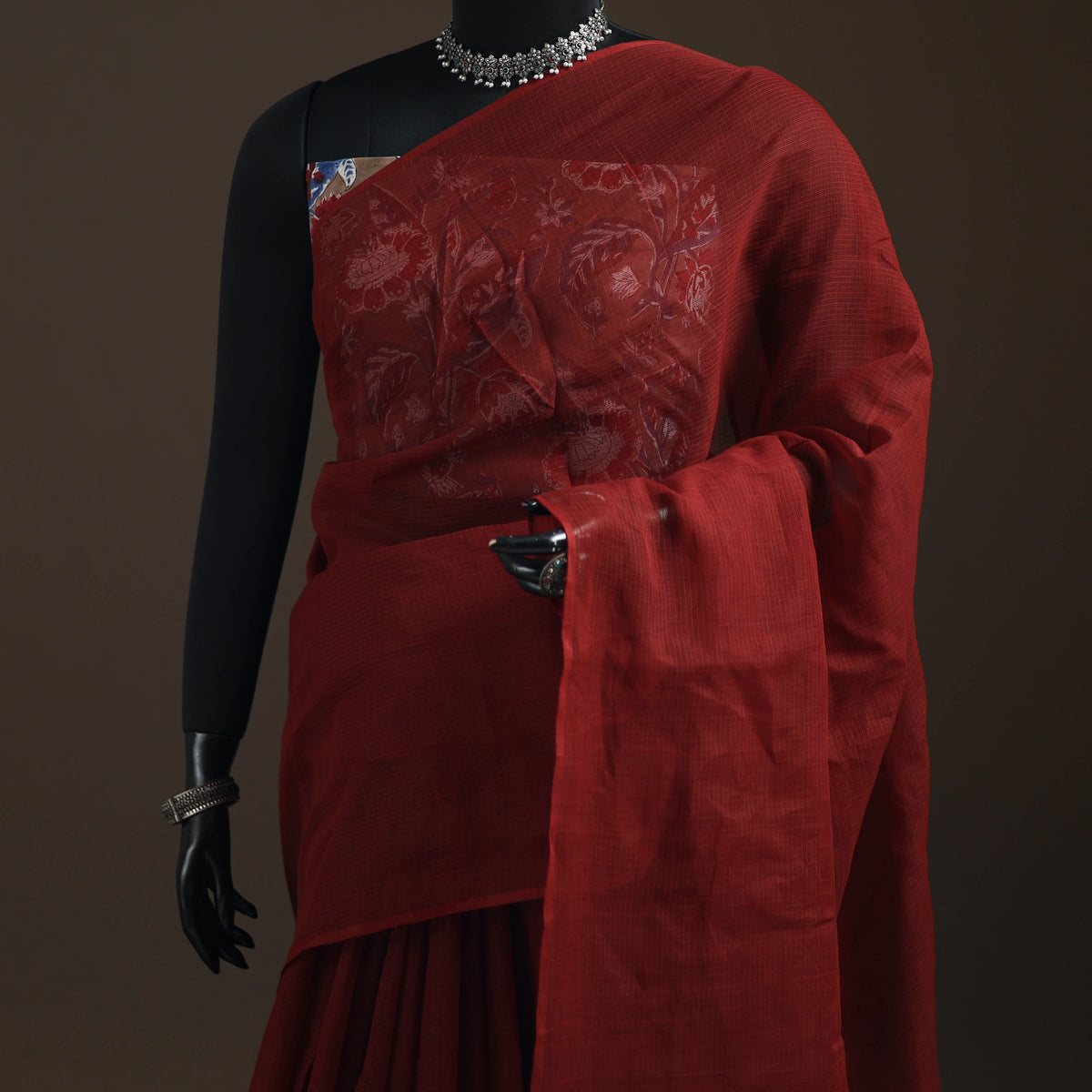 Maroon - Nazaakat Kota Doria Cotton Plain Saree with Blouse Piece & Earrings 22