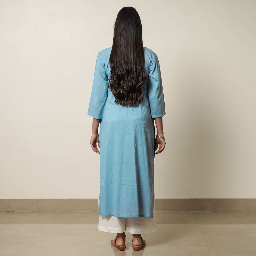 Light Blue - Plain Cotton Long Straight Kurta 05