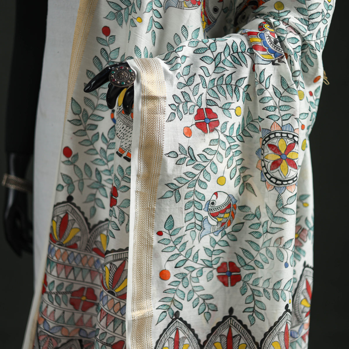 Handloom Chanderi Silk Handpainted Madhubani Dupatta with Zari Border 55