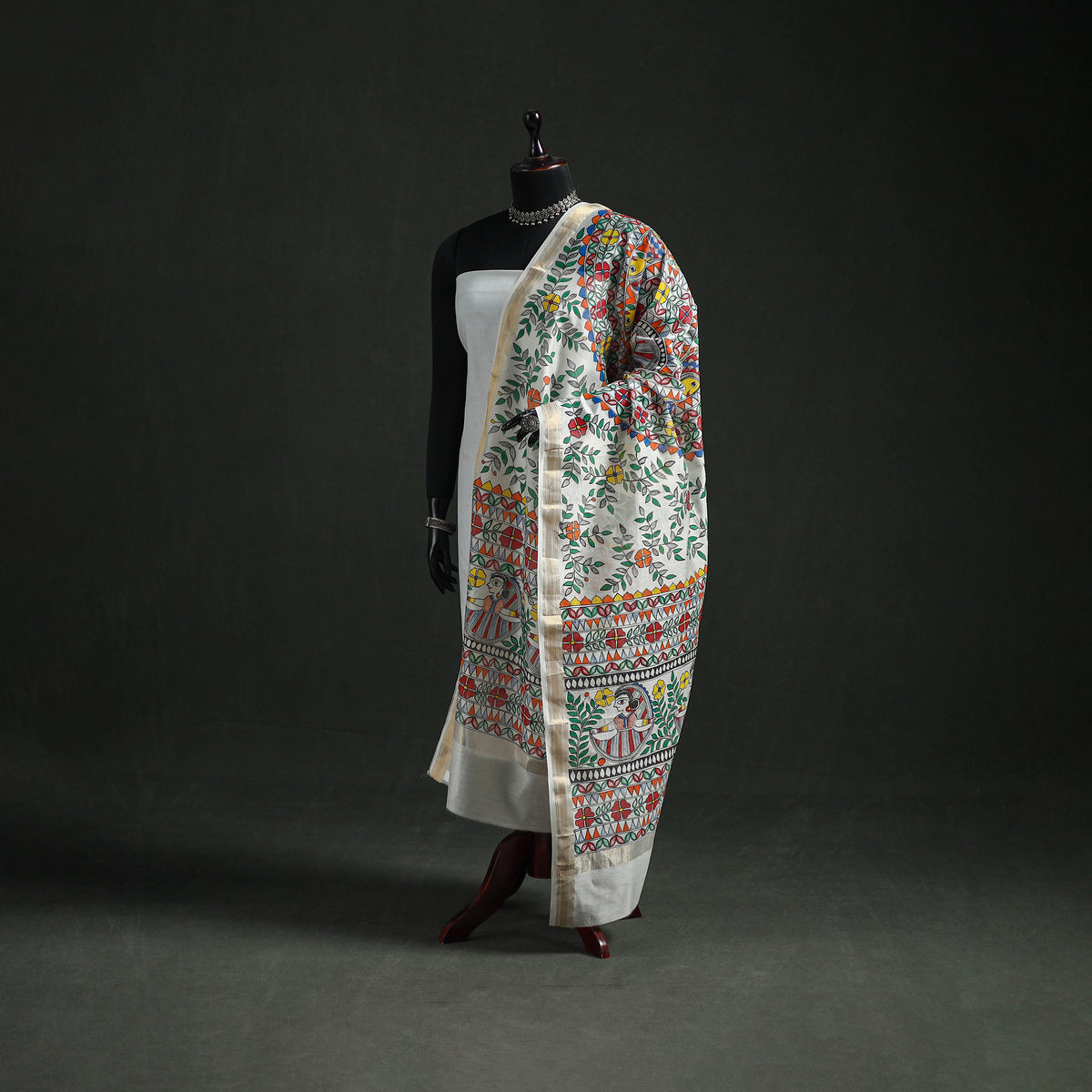 Handloom Chanderi Silk Handpainted Madhubani Dupatta with Zari Border 56
