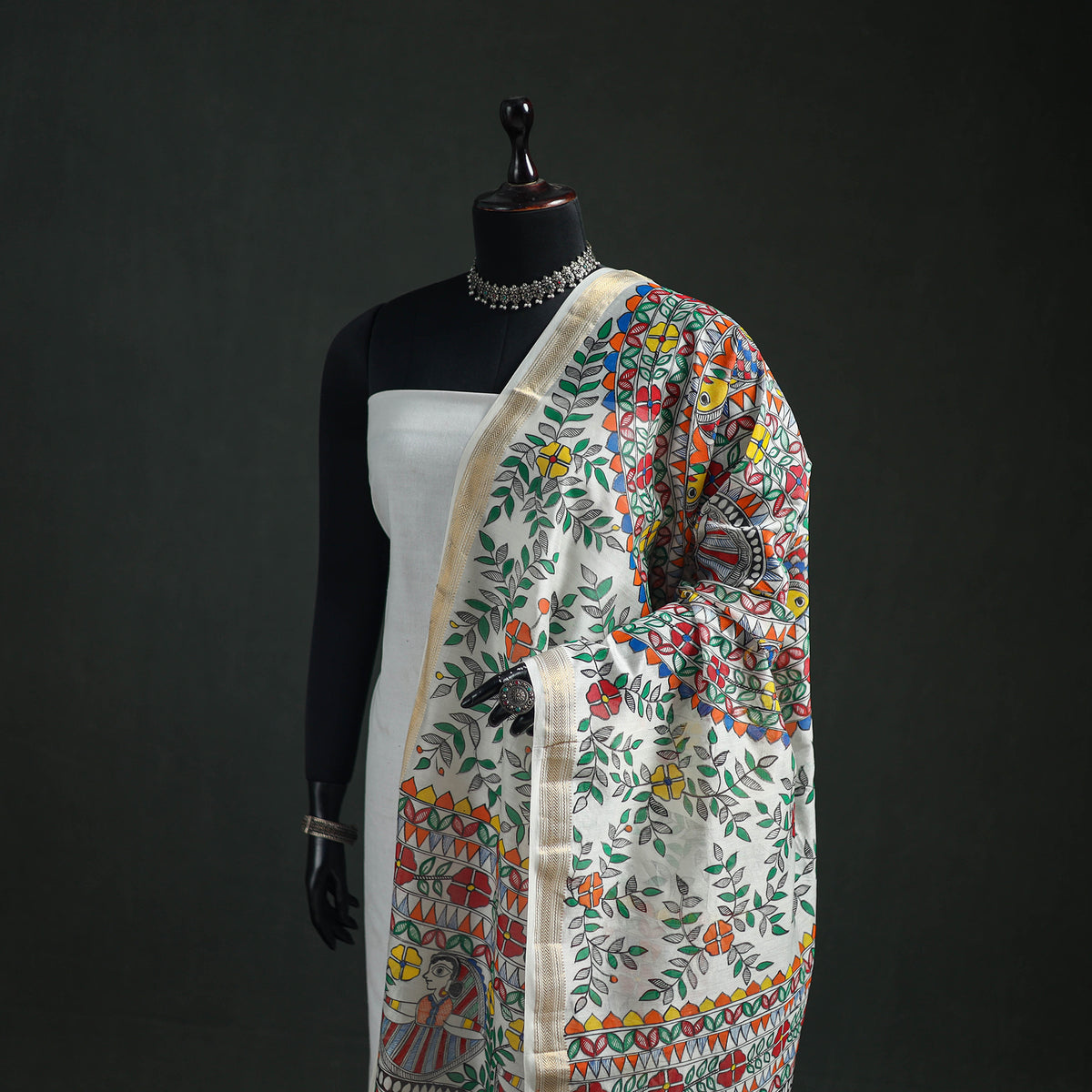 Handloom Chanderi Silk Handpainted Madhubani Dupatta with Zari Border 56