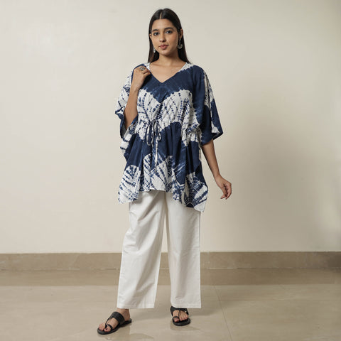 Blue - Shibori Tie-Dye Cotton Kaftan & Pyjama Night Suit Set