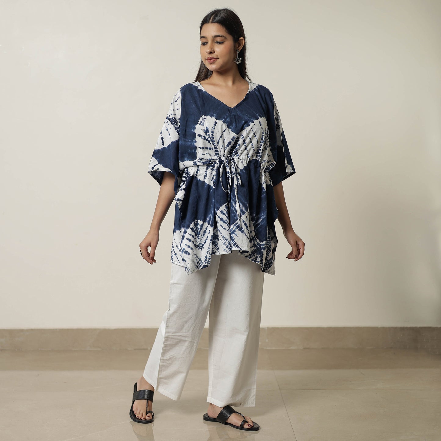 Blue - Shibori Tie-Dye Cotton Kaftan & Pyjama Night Suit Set