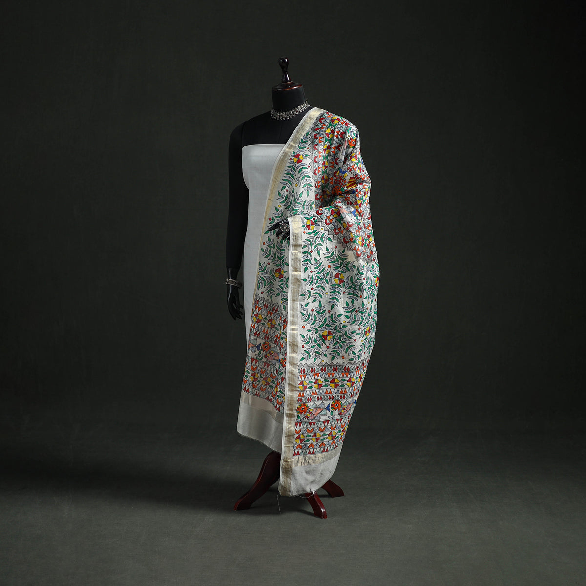 Handloom Chanderi Silk Handpainted Madhubani Dupatta with Zari Border 57
