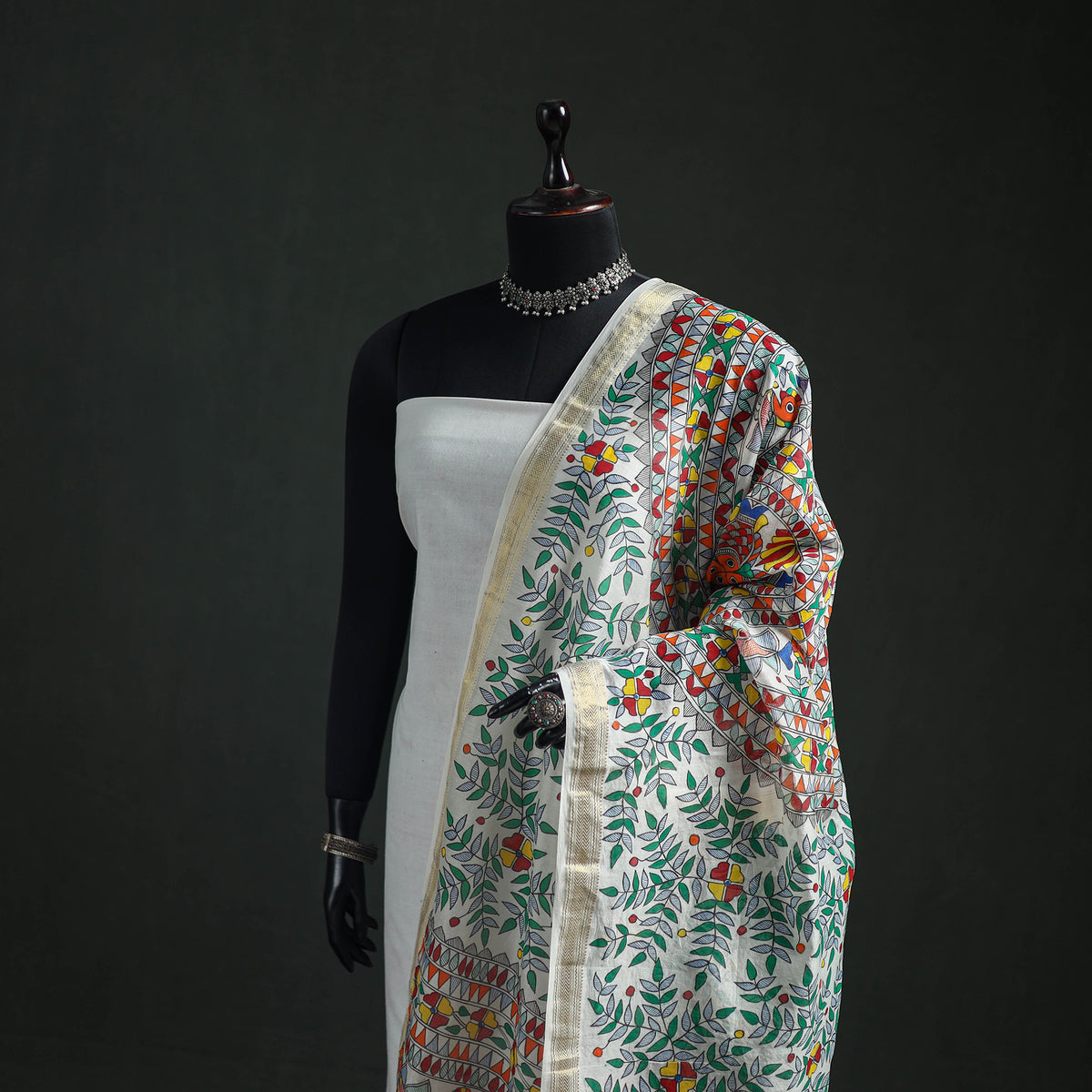 Handloom Chanderi Silk Handpainted Madhubani Dupatta with Zari Border 57
